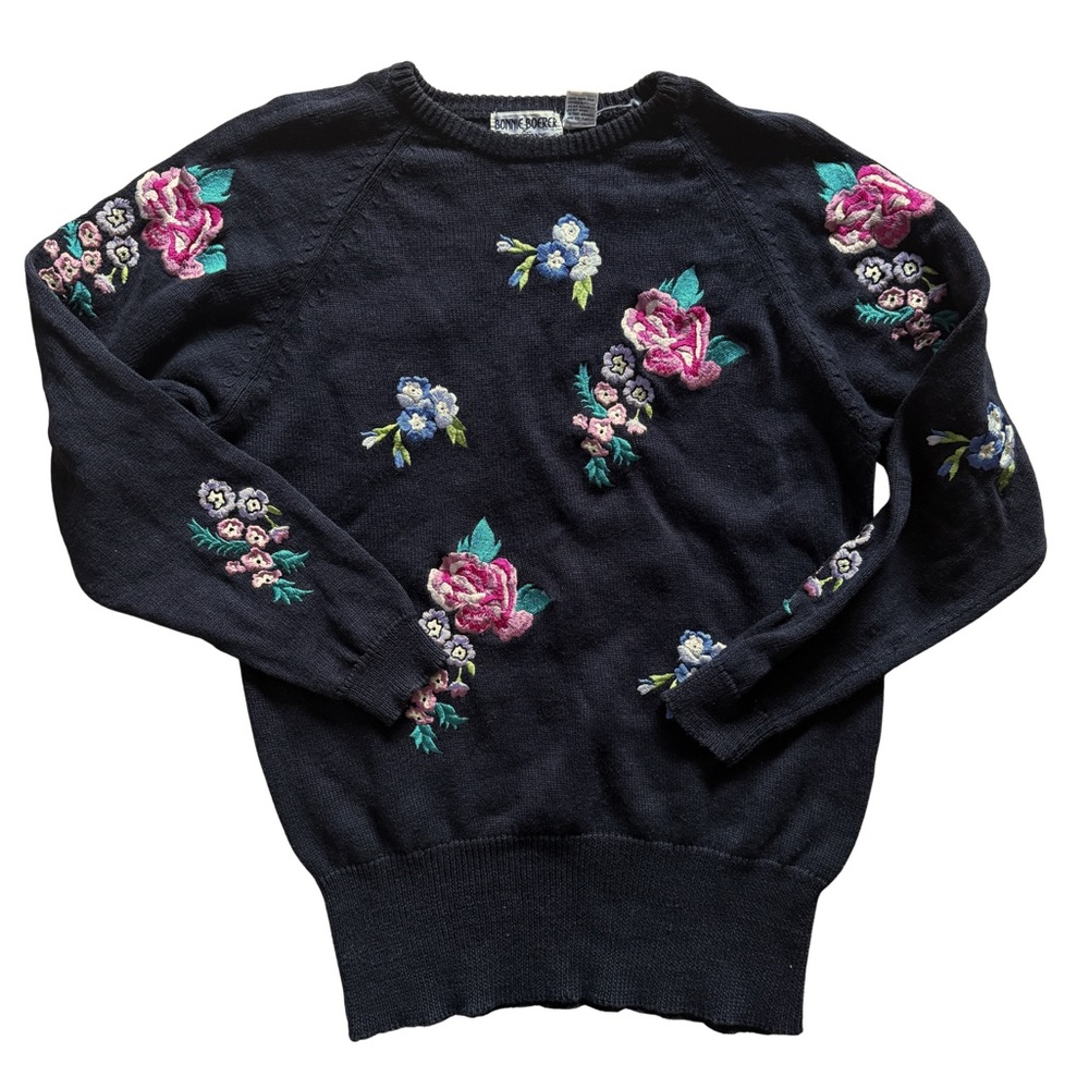 Vintage Embroidered Floral Crewneck Sweater - Navy with Pink Flowers